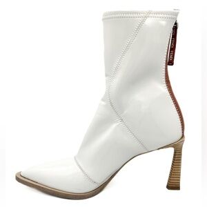 Fendi FFrame Glossy Neoprene Pointed Toe White Stiletto Heel Ankle Boots